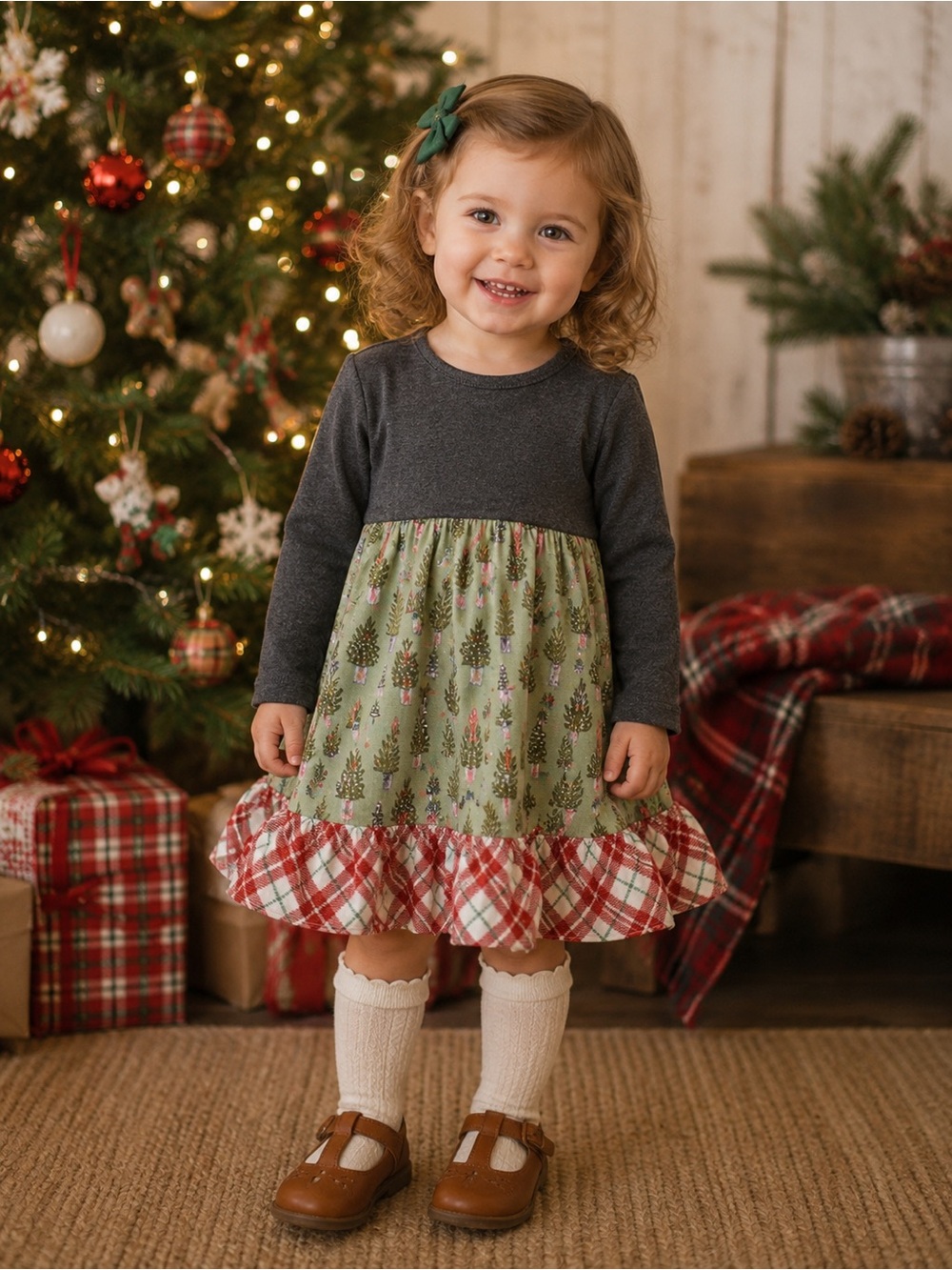 Ricrac & Ruffles Heather Grey Christmas Tree Plaid Novelty Print Tiered Dress 3T